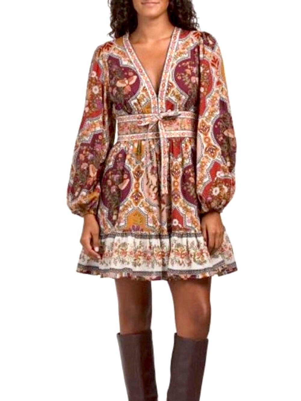 Caroline Constas Boho mini floral birds pattern wide sleeve v neck mini dress M